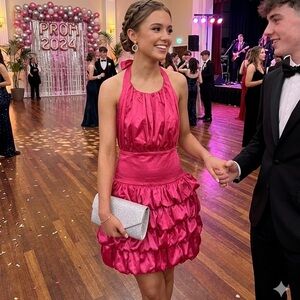 VTG Style Hot Pink Satin Ruffled Halter Party Mini Dress - Prom / Cocktail